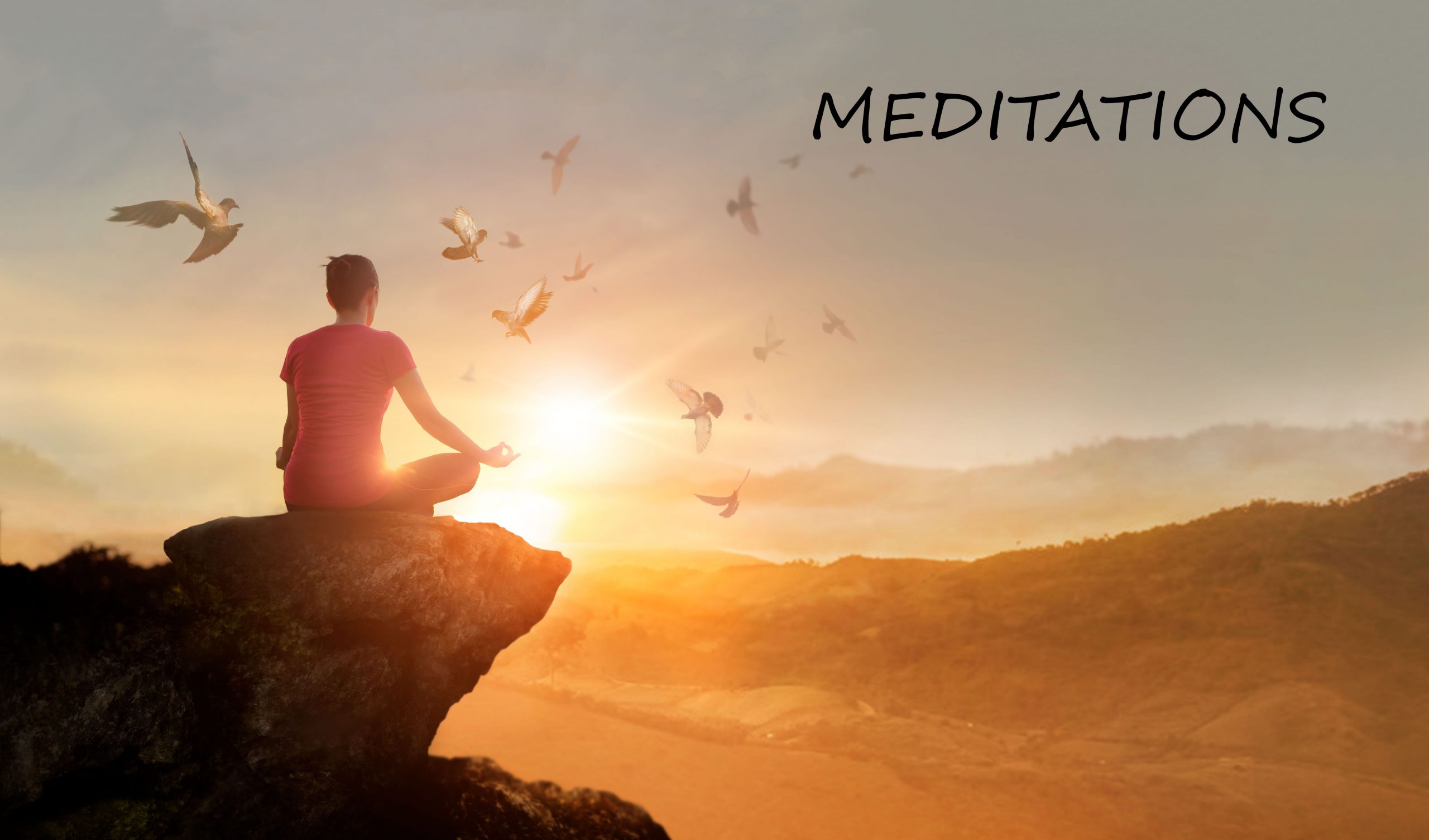 Woman practices meditating and praying with free bird enjoying nature on the mountain sunset background, hope and faith concept.
